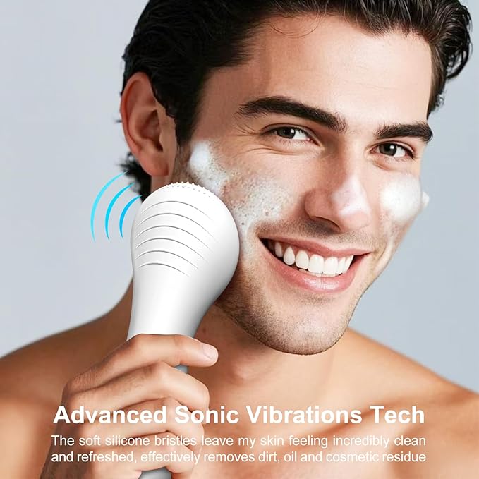 OWLMATE Facial Cleansing Brush, Electric Face Scrubber for Men & Women Waterproof Rechargeable Sonic Vibrating Soft Silicone Face Cleanser Brush for Deep Cleansing, Exfoliating, Massaging (White)