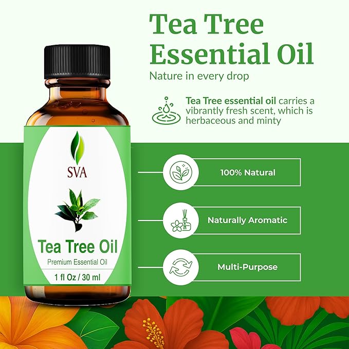 SVA Tea Tree Essential Oil – 1 Fl Oz – 100% Natural Tea Tree Oil - for Diffuser, Hair Care, Face, Skin Care, Aromatherapy, Scalp and Body Massage, Soap and Candle Making – with Dropper