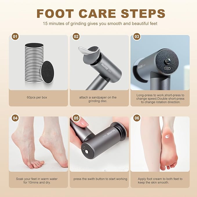 Premium Electric Foot Callus Remover, Ergonomic T-Grip 2600mAh Rechargeable 3 Speeds All Metal Foot File for Dead Skin Cracked Heels Pedicure Sander at Home with 60pcs Sandpaper Pads (Grey)