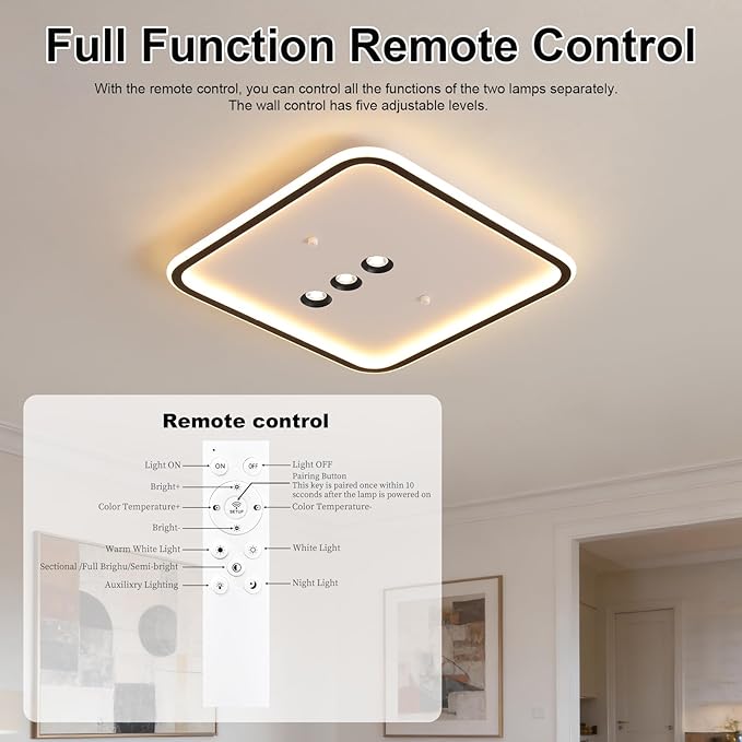Shine LUEST Square Diamond LED Ceiling Light with 3 Adjustable Spotlights, Dimmable Flush Mount Lighting Fixture, Black & White for Bedroom Living Room Kitchen Hallway