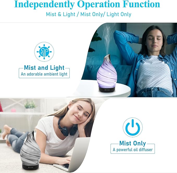 Essential Oil Diffuser 150ML, Glass Aromatherapy Diffuser with 4 Timer Settings & 7 Color Changing Lights, Waterless Auto Shut-Off, Ultra Quiet Oil Diffuser for Home, Office, Yoga, Spa and Sleeping