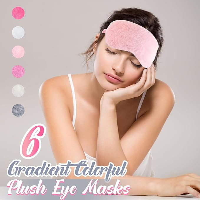 Cuffbow 6 Pack Plush Sleep Mask Set, Cute Plush Eye Masks for Sleeping, Soft Comfortable Travel Nap Blindfold, Sleepover Party Favors for Women(Simplicity,Pure)