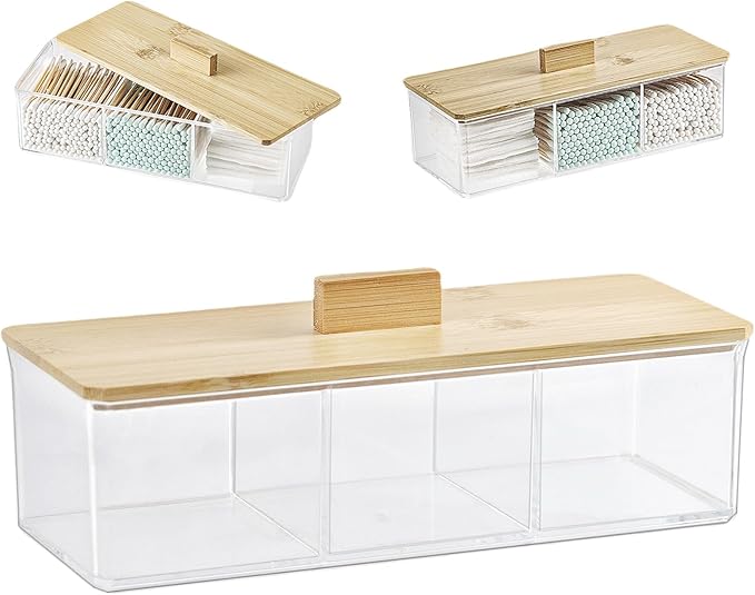 ZEXALOR Clear Bathroom Dresser Organizer - Cotton Ball Swab Holder with 3 Divided Compartments&Lid, Waterproof Transparent Small Plastic Storage Containers, Vanity Makeup Organization