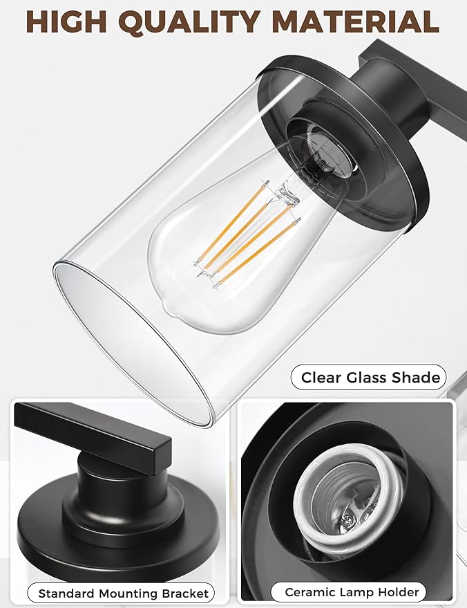 L LOHAS LED 2-Light Black Bathroom Light Fixtures,Modern Lighting Fixtures Over Mirror with Clear Glass Shade, Vanity Lights for Bedroom, ETL Listed
