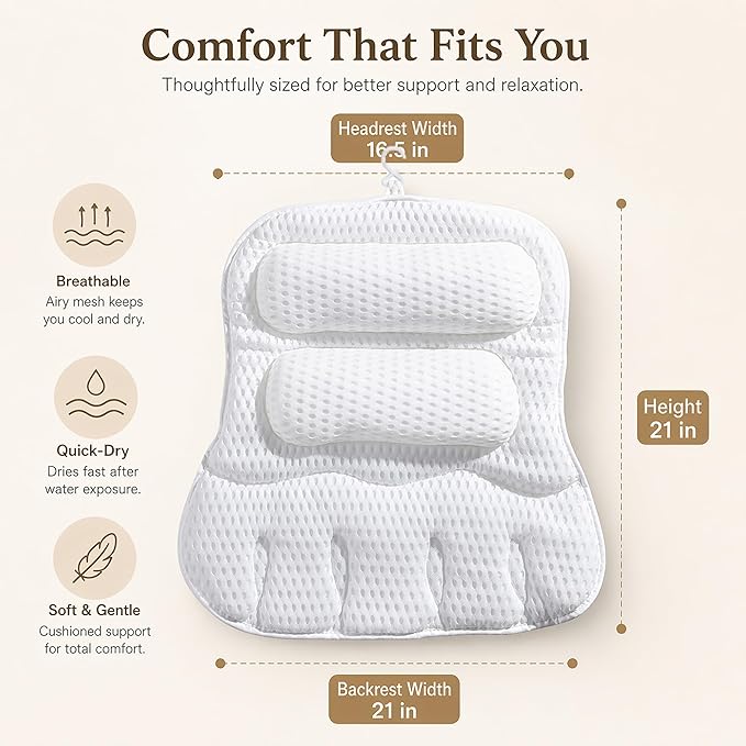 Luxury Bath Pillow for Tub, with 10 Strong Suction Cups, Non-Slip Bathtub Pillow for Head Neck & Back Support, Extra Large 21” Spa Bath Pillow, 4D Air Mesh Quick-Dry, Gift for Women(White)