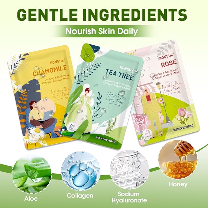 KONEUK 27 Pack Collagen Sheet Face Masks Skincare for Women, Bulk Hydrating Face Mask Set for Dry Skin, Moisturizing Facial Masks for Skin Care, Mothers Day Gifts, Teacher Gifts and Nurses Week Gifts