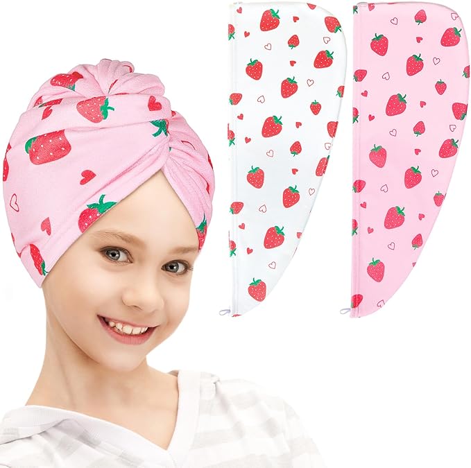 FIOBEE Microfiber Hair Towel Wrap for Kid Rapid Drying Towel Absorbent Hair Turbans for Wet Hair with Button Women Girls Long Curly Hair Pack of 2, Pink Strawberry