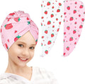FIOBEE Microfiber Hair Towel Wrap for Kid Rapid Drying Towel Absorbent Hair Turbans for Wet Hair with Button Women Girls Long Curly Hair Pack of 2, Pink Strawberry