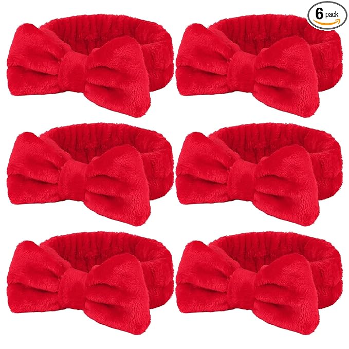 Casoty 6 Pcs Red Spa Headbands, Skin Care Headband, Soft Coral Fleece Makeup Hair band, Bow Hair Band for Face Washing Shower Skin Care Yoga