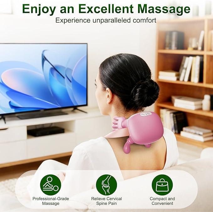 Nooydio Neck Massager, Neck and Back Massager with Heat & 4D Kneading, Shiatsu Deep Tissue Wireless Massager for Shoulder Cervical Pain Relief, Portable Rechargeable for Home Office (Pink)