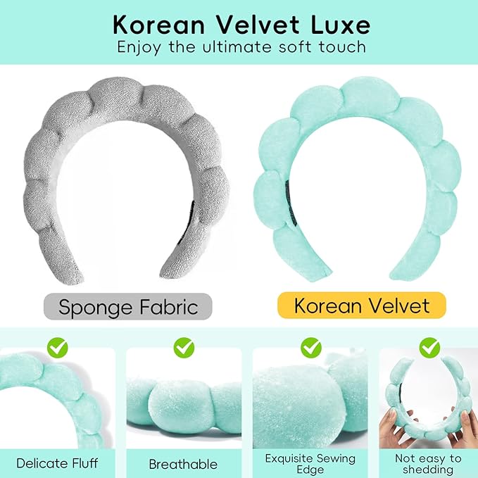 my novel things Spa Headband For Washing Face with Hair Clips Wristbands 6PK for Women Girls Gift, Soft-Puffy Velvet Makeup Headbands for Makeup, Skincare (Green)