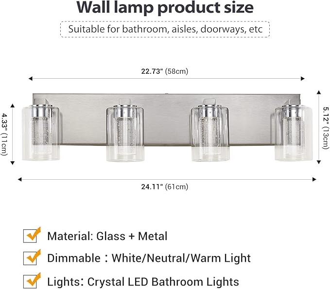 Brushed Nickel 4-Light Vanity Light, Crystal Bubble Glass with Dimmable 3-Color Lights, Modern Bathroom Light Fixtures Wall Sconce for Bathroom Hallway Kitchen Bedroom Living Room