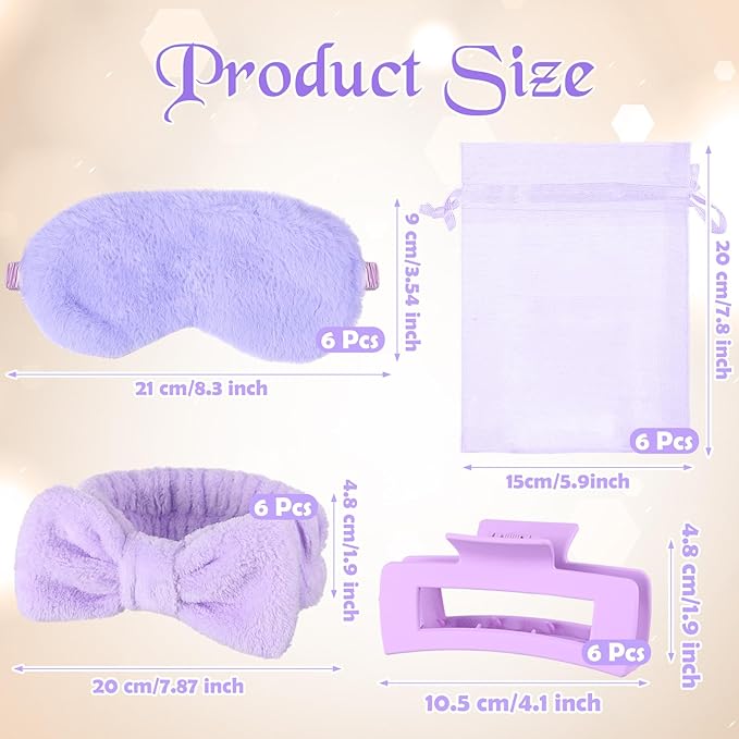 48 Pcs Spa Party Supplies Sleepover Essentials Gift for Mother's Day Spa Headband Plush Eye Mask Claw Clips Organza Bag for Women Adult Slumber Party Supplies (Purple)