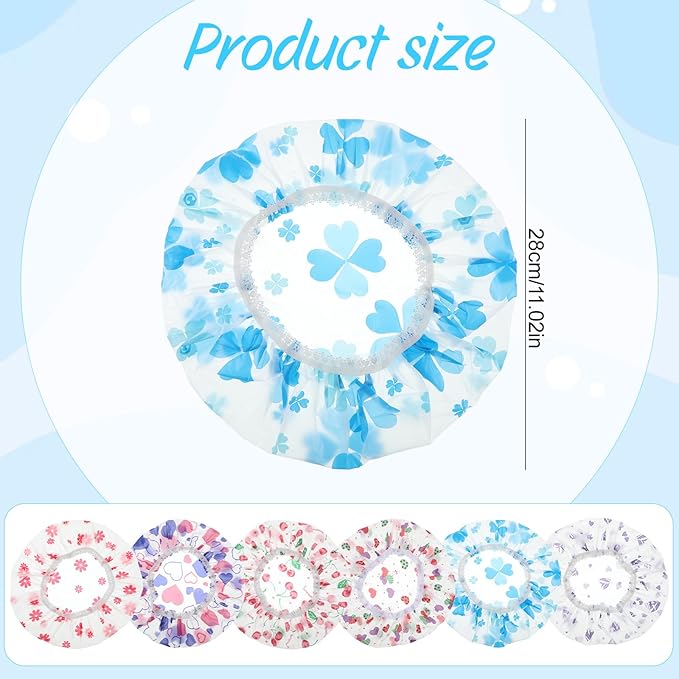 6 Pcs Shower Cap Reusable Elastic Hair Cap Waterproof Bath Hair Hat Shower Bath Caps Elastic Band Flower Printed Hairs Caps for Women Men Bathroom Travel Spa Salon