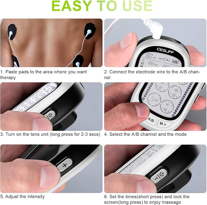 CESLIFF Dual Channel TENS EMS Unit Large Screen 24 Modes 36 Levels Intensity Muscle Stimulator, Rechargeable Electric Pulse Massager TENS Machine for Lower Back Neck Shoulder Pain Relief with 10 Pads