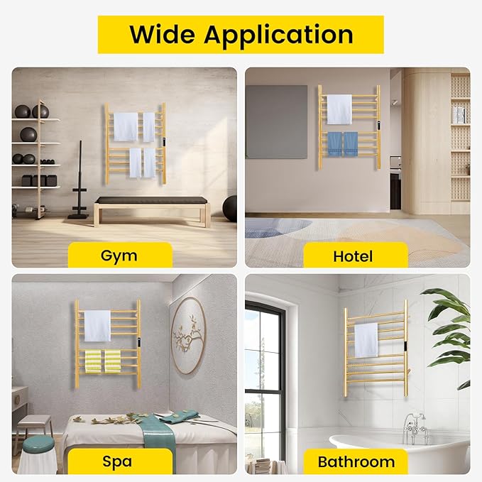 8-Bars Gold Heated Towel Rack–23" Wall Mounted Towel Warmer with Timer & Temperature Control, Stainless Steel
