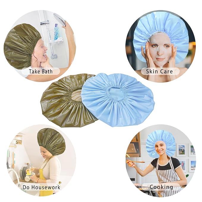 Jumbo Size Shower Cap 2 PCS Waterproof Shower Caps for Women, Extra Large Shower Cap, Reusable Super Large Bath Caps Hair Cap for Long Thick Curly Hair, Locs, Twist Braids - Blue+Green