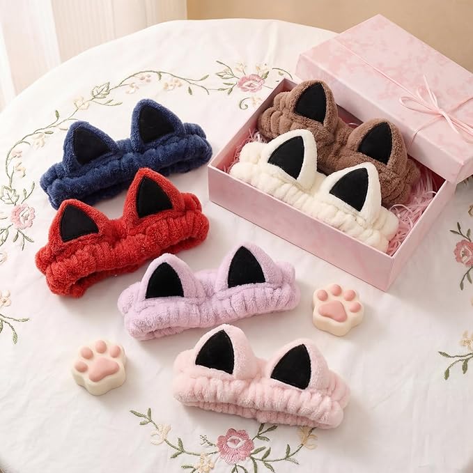 6-Pack Cat Ears Headbands Soft Coral Fleece Hair Band for Face Washing, Makeup, Skincare, Spa, Multi-Color Animal Headbands for Women and Girls Gift
