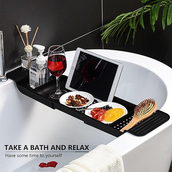 Bath Tub Tray - Stretchable, Strong Load-Bearing, Plastic, Anti-Slip Design - Ultimate Bathtub Caddy Tray(Black)
