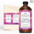 HERITAGE STORE Organic Castor Oil Pack Wrap Kit - Soothing Castor Oil Packs, Heat Compress for Abdomen, Joints, Overall Health - 16oz Cold Pressed Organic Castor Oil and 12 x 27 in. Wool Flannel Cloth
