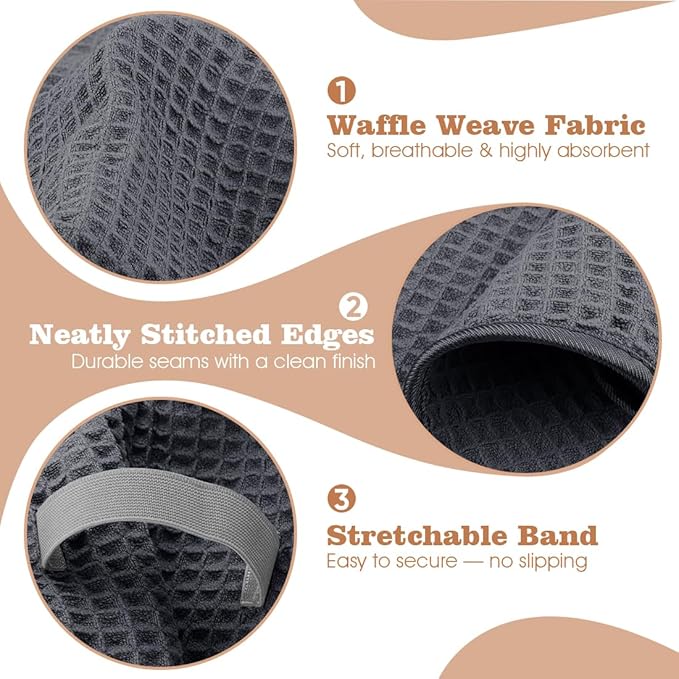 GLIMGLINT 2 Pack Microfiber Hair Towel Wrap for Women Long, Curly Hair, Super Soft Hair Drying Towel, Fast Drying Waffle Hair Towel Wrap with Elastic Strap 40"X26.5" (Grey/Brown)