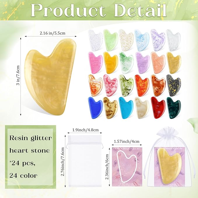 Sherr 24 Sets Gua Sha Facial Tools Bulk Resin Heart Shaped Guasha Boards with Organza Pouch and Cards for Face Body Massage Relaxation Self Care Ideal Spa Acupuncture Prevent Wrinkles (Mixed Colors)