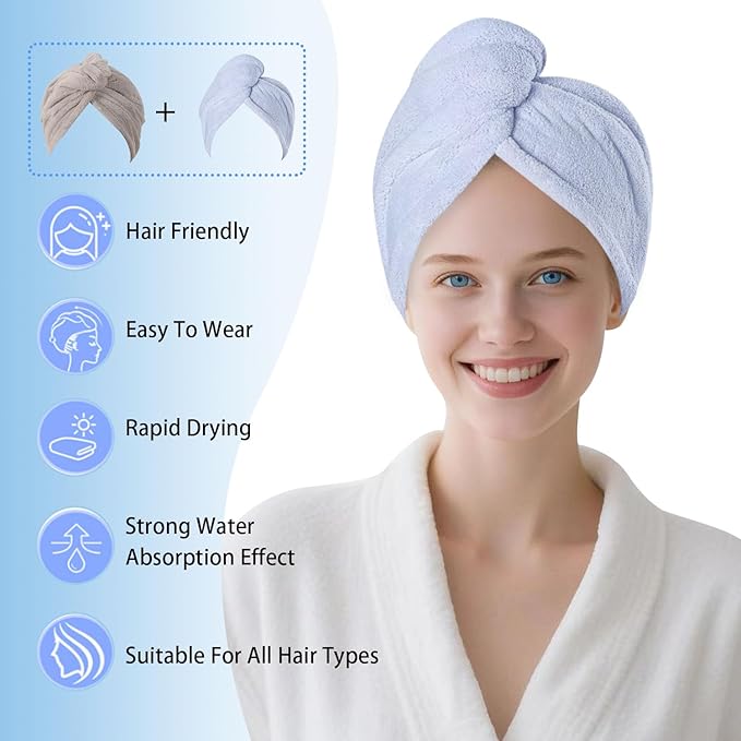 Microfiber Hair Drying Towel Wrap for Women, Hair Turbans Towel for Wet Hair,turbie Twist Hair Towels(The Color of the Picture is for Reference only) (Light Blue,Light Green,Gray)