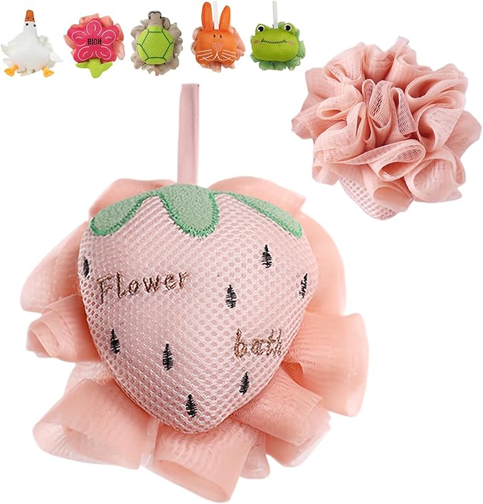 Kids Loofah, Cute Cartoon Animal Kids Bath Sponge with Hanging Rope, Soft Double Mesh for Rich Lather (Pink Strawberry)