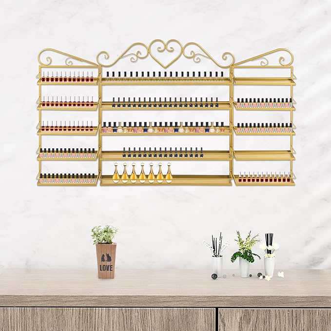 DouSeiAi 5-Tier Wall Mounted Nail Polish Storage Rack, Metal Cosmetic Organizer for Lipstick, Perfume & Essential Oils, Display Shelf for Home, Spa, Nail Salon, Gold