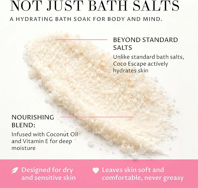 Coco Escape Coconut and Vanilla Aromatherapy Bath Soak, Relaxation Support, Skin Softening, Hydrating, Mineral-Rich, for Dry Sensitive Skin