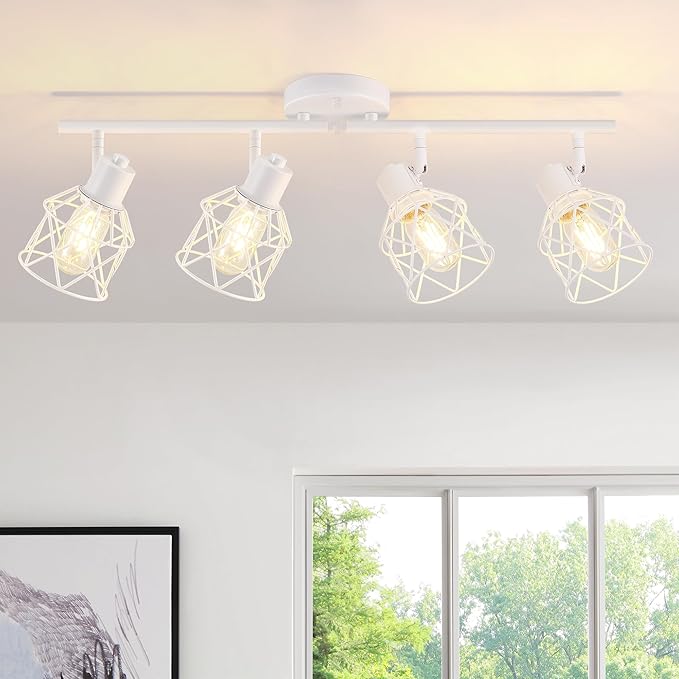 Baocuz 4-Lights Kitchen Light Fixtures Ceiling Mount, Adjustable Multi-Directional White Flush Mount Ceiling Light Fixture with Metal Cage, Modern Spot Ceiling Lamp for Hallway, Dining Room, Bedroom