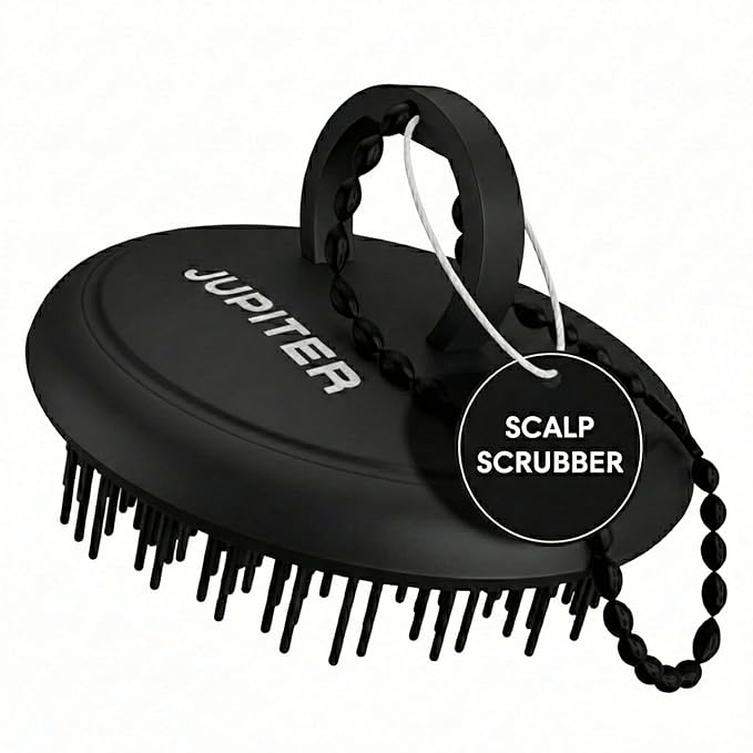 Jupiter Scalp Exfoliator - Scalp Massager Tool for Wet & Dry Hair - Ergonomic Detangler Brush - Dandruff Comb & Scrub to Remove Dandruff & Buildup and Support Circulation - Black
