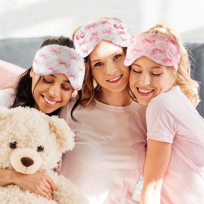 Cuffbow 6 Pack Plush Sleep Mask Set, Cute Plush Eye Masks for Sleeping, Soft Comfortable Travel Nap Blindfold, Sleepover Party Favors for Women(Bow,Pink)
