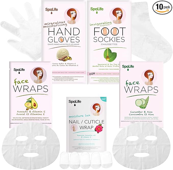 SpaLife 10 Piece Korean Face Mask & Moisturizing Hand Gloves Set | Korean Skincare Mothers Day Gifts & Foot Mask Socks for Dry Cracked Hands & Feet | Cuticle Repair Mask Women 10 Pack