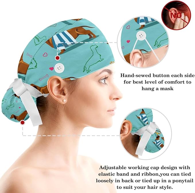Adjustable Brown Dachshund Dog Blue Surgical Scrub Cap with Button,Sweatband for Women with Bow Hair Scrunchy