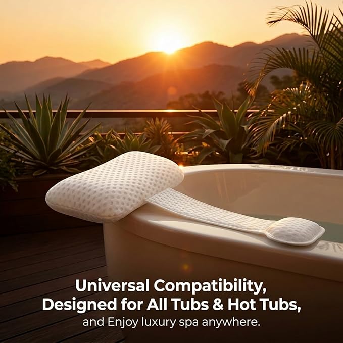 Hot Tub Pillow for Outdoor Bathtub（2-Pack）, Non-Slip Universal Spa Headrest Bath Pillow for Bath Tub, Lounge Chair Pillow, Comfortable Head and Neck Support with Weighted Adjustable Strap