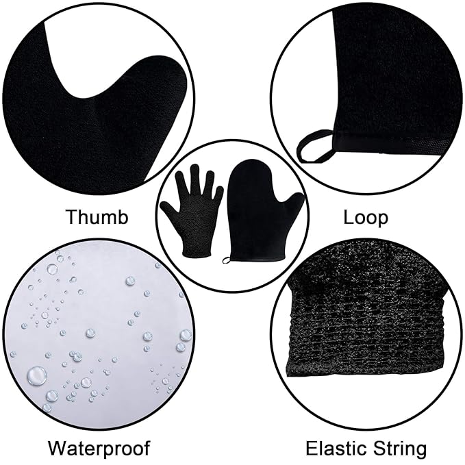 Self Tanning Mitt Kit, Velvety Soft Tanner Mitt, Back Tanning Applicator, Exfoliating Glove, Angled Face Tanner Brush for Sunless Tanning Oil Lotion Mousse Gel (Black 4 Pack, Boxed)