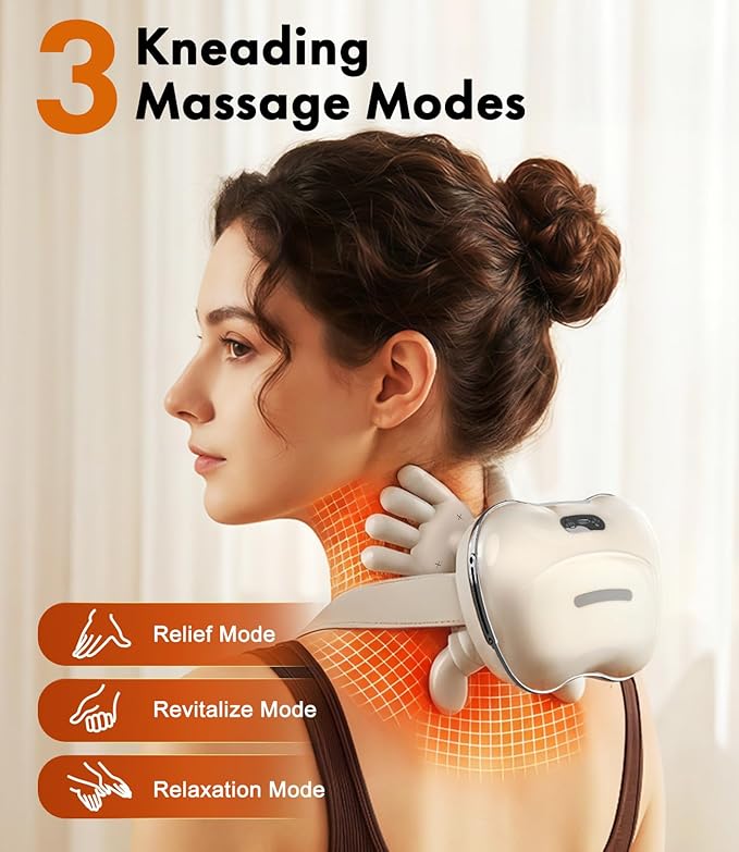 Wireless Neck Massager with Heat, Rechargeable Shiatsu Neck and Shoulder Massager for Pain Relief Deep Tissue, 4D Kneading Portable Back Massage with Simulated Human Hand Fingers for Muscle Relax Gift