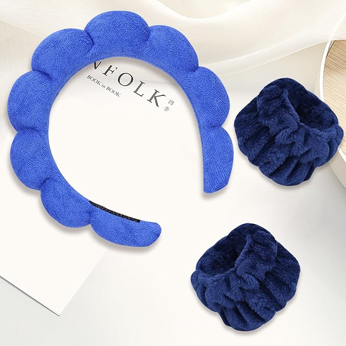 Beleki Spa Headband for Washing Face Wristband Set Sponge Makeup Skincare Face Washing Headband Terry Cloth Bubble Puffy Hairband Non Slip Headwear Hair Accessory for Women - Royal Blue