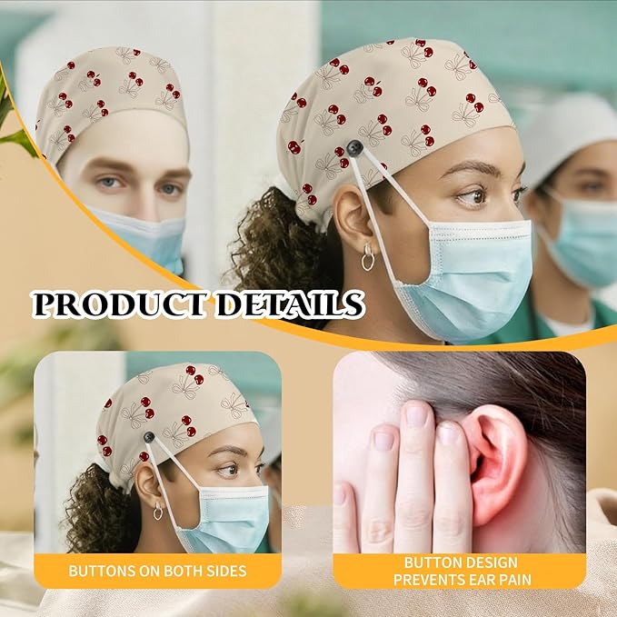 Adjustable Scrub Cap with Buttons & Sweatband, Working Hat with Elastic Tie Back, Unisex Nurse Surgical Caps for Women & Men