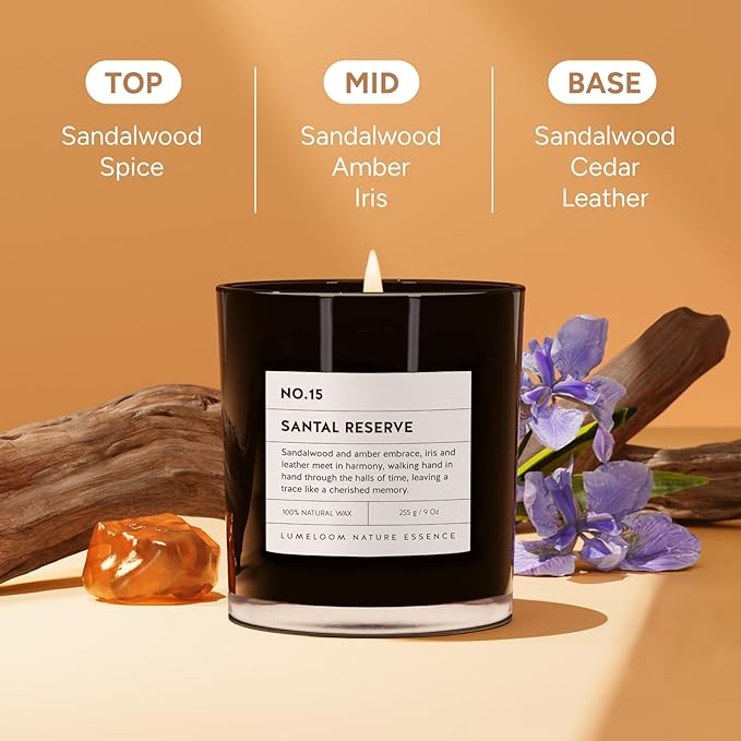 LUMELOOM Santal Reserve Luxury Scented Candles, 9oz Soy Wax Candles for Home Scented, Sandalwood, Amber, Iris & Leather Scent, Long Burning Time, Gifts for Women, Men, Nurse, Mothers Day, Teacher
