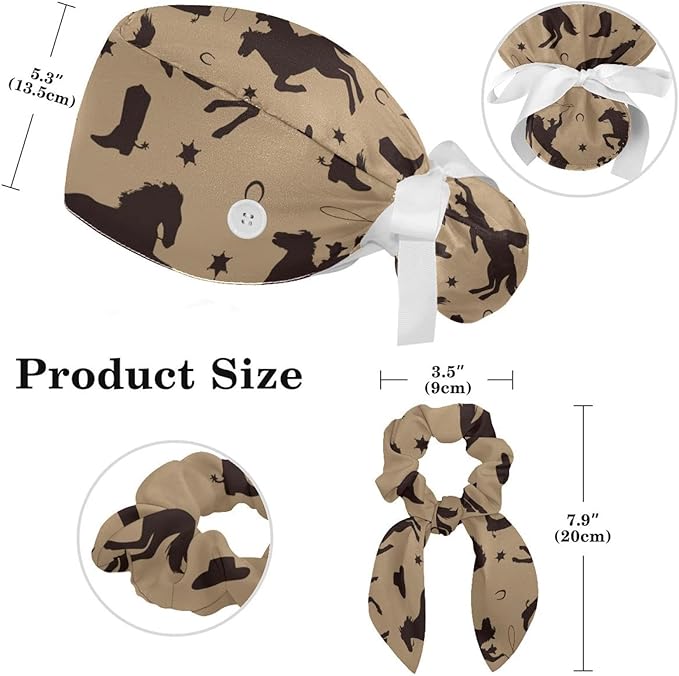 Ethnic Aztec Pattern Adjustable Scrub Cap Hat with Button, Working Hat Sweatband with Bow Hair Scrunchy for Woman