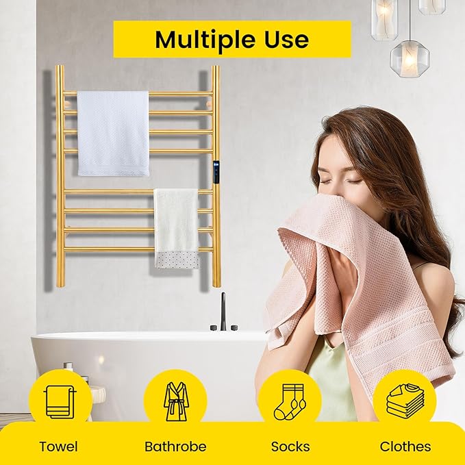 8-Bars Gold Heated Towel Rack–23" Wall Mounted Towel Warmer with Timer & Temperature Control, Stainless Steel