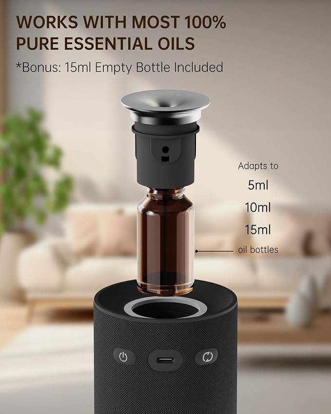 Waterless Essential Oil Diffuser,Portable Car Aromatherapy Diffuser,Rechargeable Cordless Scent Device with Fabric Design,Adjustable Mist & Ambient Light for Home, Office, Travel (Black)