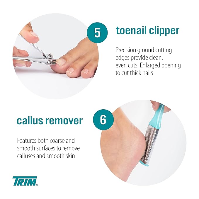 TRIM Pedicure Kit – Everything You Need to Care for Your Feet – Includes Toenail Clipper, Cuticle Pusher, Pumice Stone, Callus Remover, Contour Toe File, Nail Brush & Storage Pouch – 6 (Pack of 4)