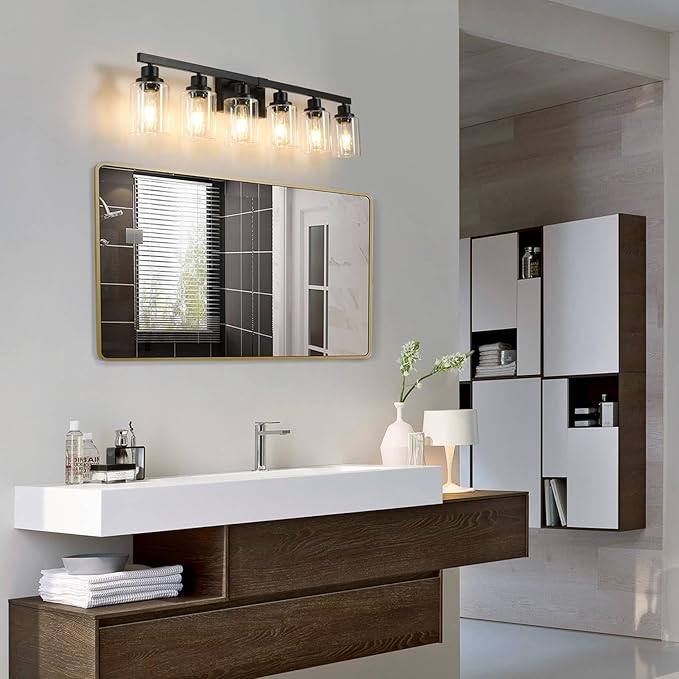 6-Light Black Vanity Lights 38'' Modern Bathroom Vanity Lighting Fixtures Above Mirror， Industrial Matte Bathroom Light Fixtures, Bath Wall Light Fixtures, Black Wall Sconces