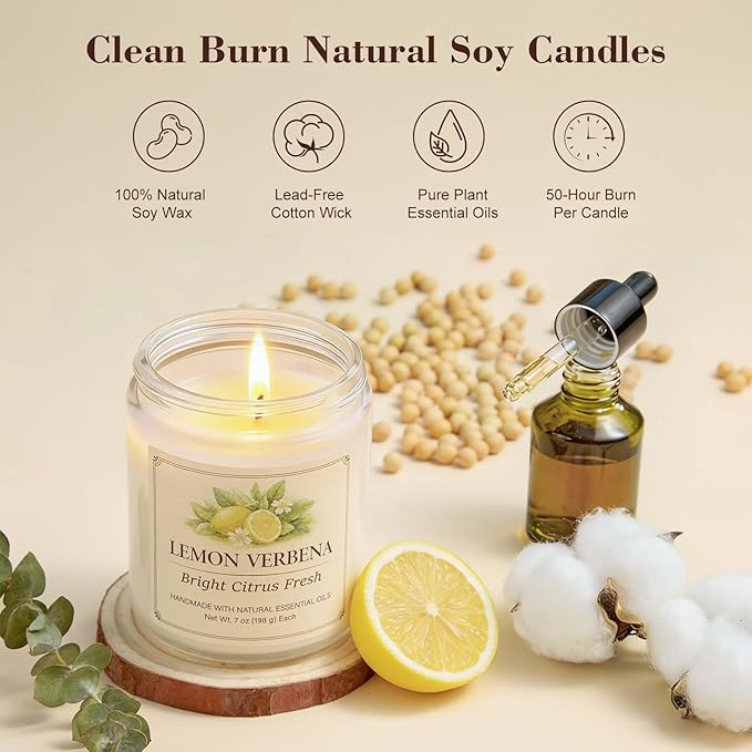 Scented Candles Gift Set for Women, 6 Pack Aromatherapy Soy Candles for Home, Coconut Vanilla, Lemon Verbena, Fresh Linen, Ocean Breeze, Eucalyptus Mint & Jasmine Blossom