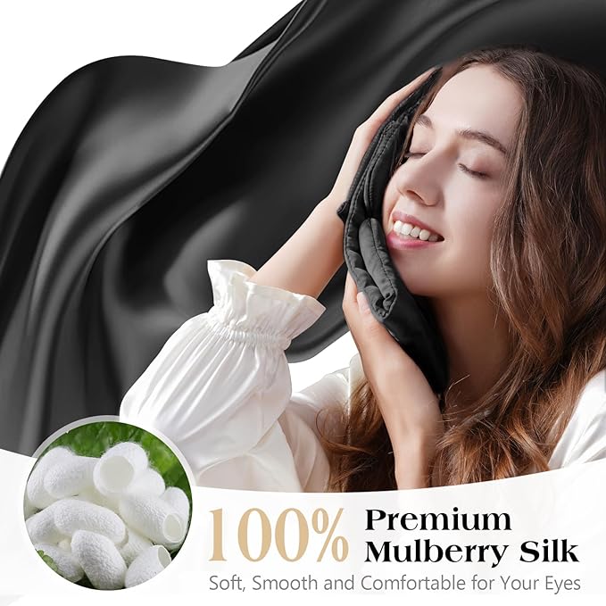 100% Mulberry Silk Sleep Mask, Comfortable Soft for Deep Sleeping, Blackout Effect, Adjustable Length, Eye Masks for Sleep Women and Man, Travel&Office&Daily use (Black)