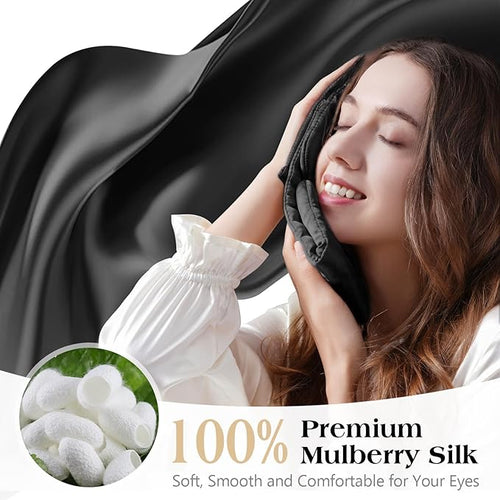 100% Mulberry Silk Sleep Mask, Comfortable Soft for Deep Sleeping, Blackout Effect, Adjustable Length, Eye Masks for Sleep Women and Man, Travel&Office&Daily use (Black)