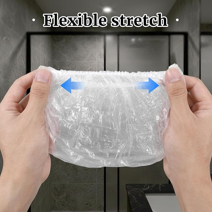 Qianyu 100 PCS Disposable Shower Caps and 100 PCS Earmuffs, Clear Plastic Hair Cap Thick Elastic Waterproof Bath Caps for Women Men Bathing Hair Treatment Home Spa Hotel Travel Beauty Salon